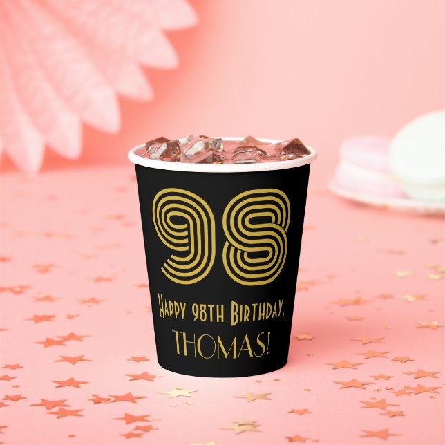 98th Birthday: Art Deco Inspired Look “98” & Name Pappbecher (Insitu)