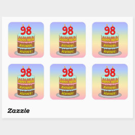 98th Birthday: Fun Cake and Candles + Custom Name Quadratischer Aufkleber