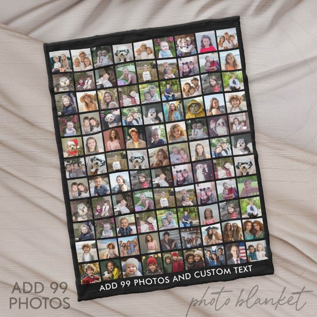 99-Foto-Collage-Raster mit Text - schwarz Fleecedecke (Custom Fleece Blanket with Photo Collage)