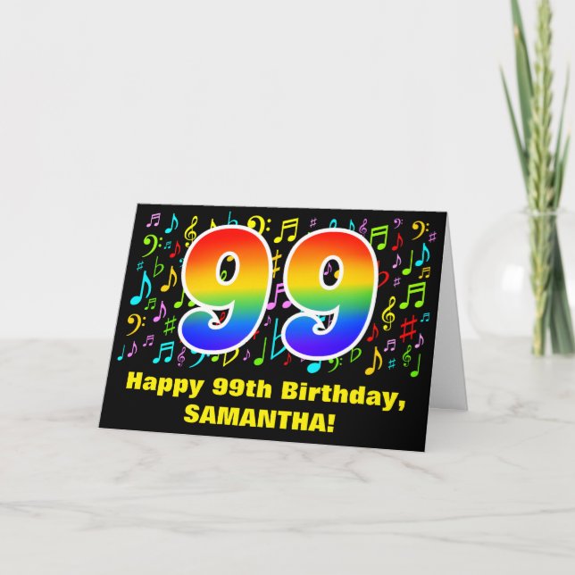 99. Geburtstag: Farbige Musiksymbole & Regenbogen  Karte (Vorderseite)