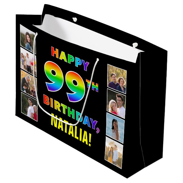 99. Geburtstag: Regenbogentext, benutzerdefinierte Große Geschenktüte (Vorderseite Schrägansicht)