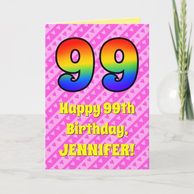 99. Geburtstag: Rosa Streifen & Herz, Regenbogen # Karte (Vorderseite)