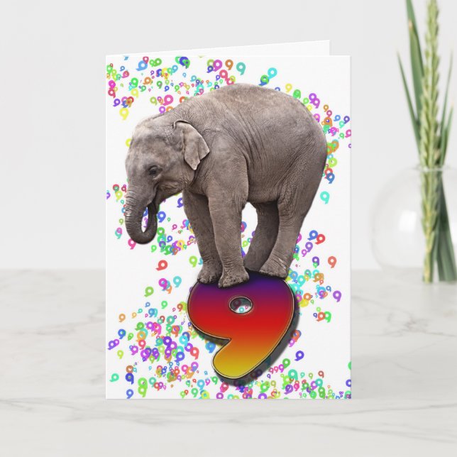 9 ans, une carte d'anniversaire d'éléphants heureu (Devant)