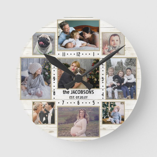 9 Familienfoto Collage Name Leuchtbauernhof Holz Runde Wanduhr (Vorderseite)
