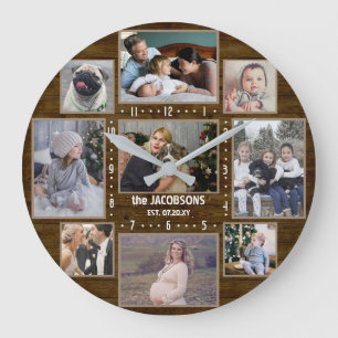 9 Family Foto Collage Individuelle Name Bauernhof  Große Wanduhr