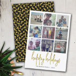 9 Foto Black and Gold Dots - Weihnachts-Happy Feiertagskarte<br><div class="desc">Verwenden Sie neun quadratische Fotos und machen Sie einen angesagten Frohen Weihnachtsgrüßen mit einem goldenen Konfetti-Polka-Punktmuster auf der Rückseite. Dieses einfache Design ist denkwürdig und bietet einen Platz,  um viele Bilder aus dem ganzen Jahr hinzuzufügen. Wenn Sie etwas bewegen möchten,  klicken Sie auf die Schaltfläche Anpassen,  um Änderungen vorzunehmen.</div>