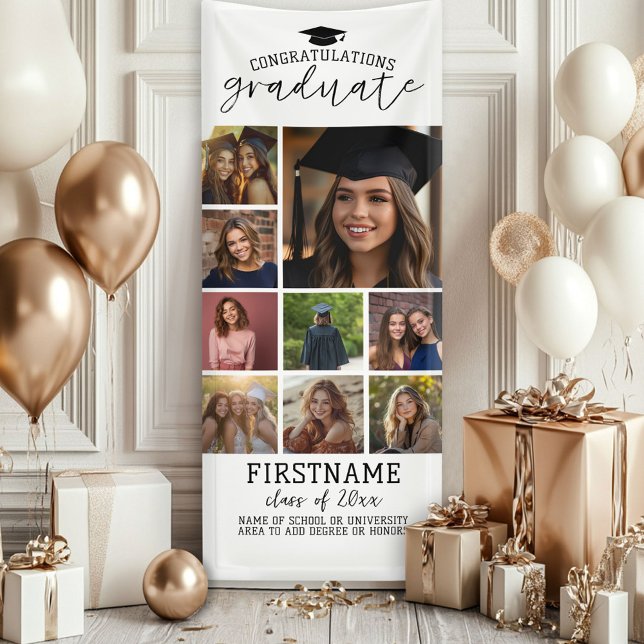 9 Foto Collage Abschluss Moderner Minimaler Weißer Banner (Custom Graduation Photo Banner - Great backdrop and Graduation Party Decoration)