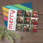 9 Foto Offset - Fett Frohe Weihnachten Retro Strei<br><div class="desc">FRONT DESIGN: Eine Collage von 9 Fotos in einem einfachen Raster, um viele Bilder aus dem vergangenen Jahr zu markieren. Das Foto-Raster ist nicht in der Mitte, und ein dünner Rand umschließt die gesamte Karte. Moderne Optik für eine Urlaubsfotokarte mit aquamarinen Akzenten in Aqua und "fröhlich" in einem großen serifenlosen...</div>