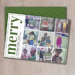 9 Foto Offset - Fett Merry - Olive Green - Feiertagskarte<br><div class="desc">FRONT DESIGN: Eine Collage von 9 Fotos in einem einfachen Raster, um viele Bilder aus dem vergangenen Jahr zu markieren. Das Foto-Raster ist nicht in der Mitte, und ein dünner Rand umschließt die gesamte Karte. Moderne Optik für eine Urlaubsfotokarte mit olivgrün-farbenen Akzenten und "fröhlich" in einem großen serifenlosen Schriftart. Der...</div>