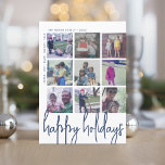 9 Foto Offset - Happy Holidays Navy Holiday Card Feiertagskarte<br><div class="desc">FRONT DESIGN: Eine Collage von 9 Fotos in einem einfachen Raster, um viele Bilder aus dem vergangenen Jahr zu markieren. Das Foto-Raster ist nicht in der Mitte, die Familiennamen umschließen die Collage als Rahmen. Moderne Optik für eine Urlaubsfotokarte mit marineblauen Akzenten und "Happy Holidays" in einem funky handgeschriebenen Script-Schriftart. Der...</div>