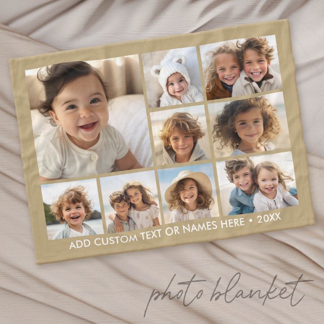 9 Foto-Quadrat-Collage - neutral mit weißem Text Fleecedecke (Custom Photo Blanket with Lots of Photos)