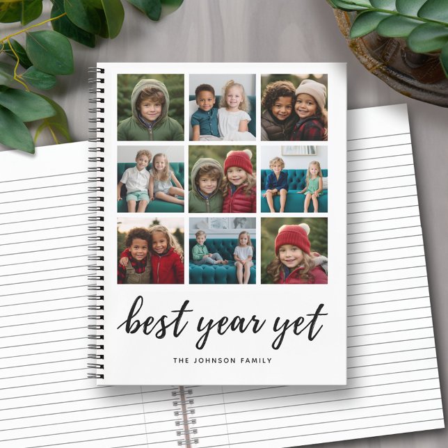 9 FotoCollage Best Year yet Black Calligraphy Notizbuch (Personalized Notebook with Custom Text and Photos)