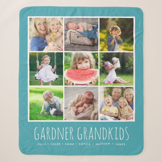 9 FotoCollage mit Grandkids-Namen | Türkis Sherpadecke (Vorderseite)