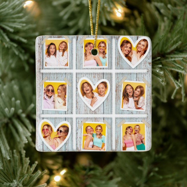 9 FotoCollage Rustic Wood Friends Magnetic Card Keramikornament (Baum)