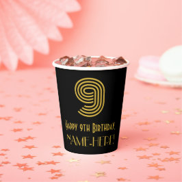 9. Geburtstag: Art Deco Inspiriert Look "9" & Name Pappbecher