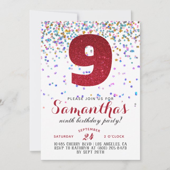 9. Geburtstag Confetti Einladung (Vorderseite)