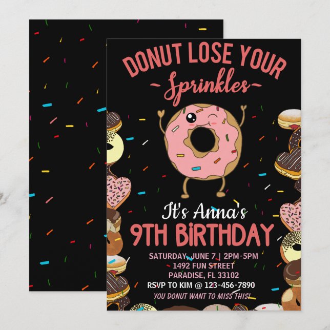 9. Geburtstag Donut verlieren Ihre Sprinklermädche Einladung (Vorne/Hinten)