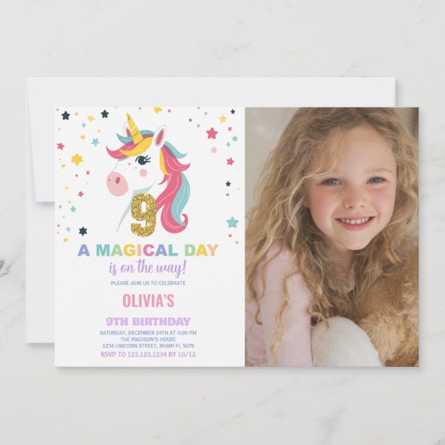 9. Geburtstag Einhorn Geburtstag Einladung Foto (Vorderseite)