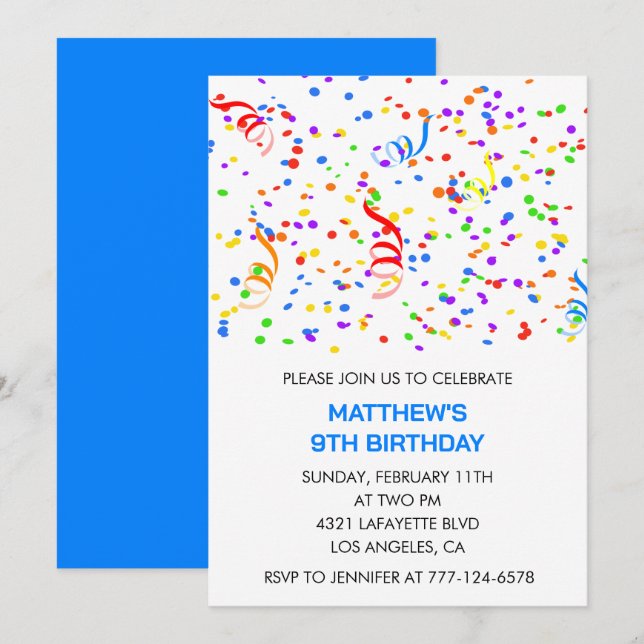 9. Geburtstag Einladungen Confetti Rainbow Boy (Vorne/Hinten)