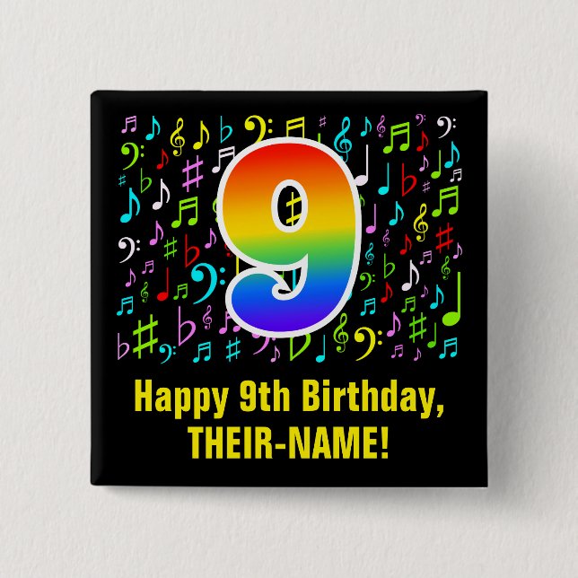 9. Geburtstag: Farbige Musiksymbole, Regenbogen 9 Button (Vorderseite)