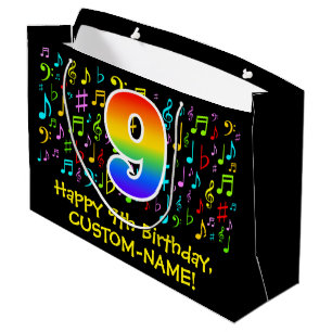 9. Geburtstag - Farbige Musiksymbole, Regenbogen 9 Große Geschenktüte
