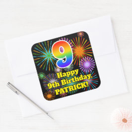 9. Geburtstag: Fun Fireworks Look, Rainbow # 9 Quadratischer Aufkleber