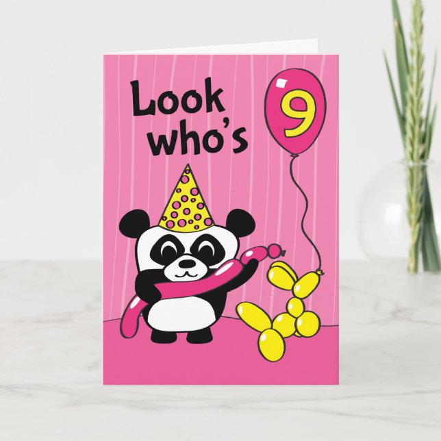 9. Geburtstag - Girl Panda mit Balloons Karte (Vorderseite)