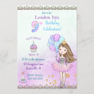 9. Geburtstag Girl Princess Cupcake Balloons Einladung