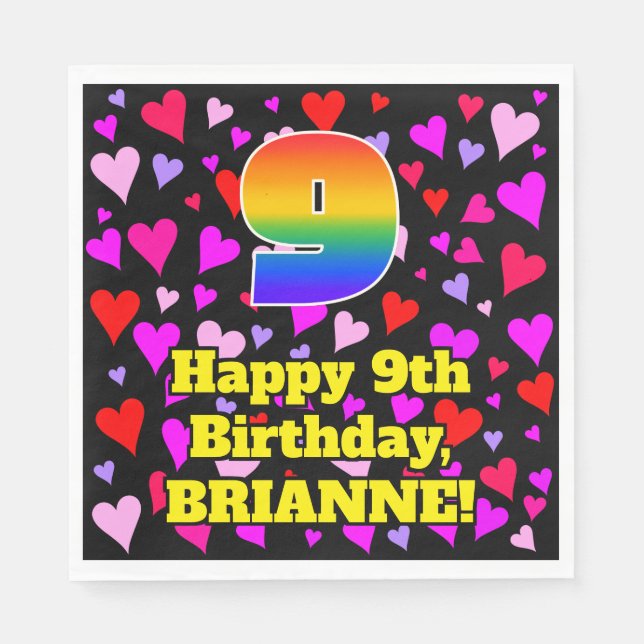 9. Geburtstag: Liebesherz-Muster, Regenbogen # 9 Serviette (Vorderseite)