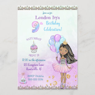9. Geburtstag Mädchen Prinzessin Afroamerikanerin Einladung