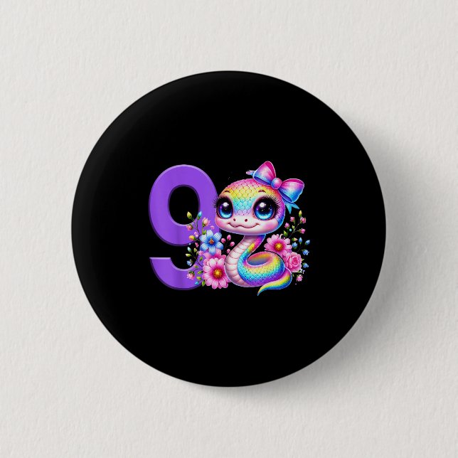 9. Geburtstag Mädchen Schlange Party Regenbogen Ko Button (Vorderseite)