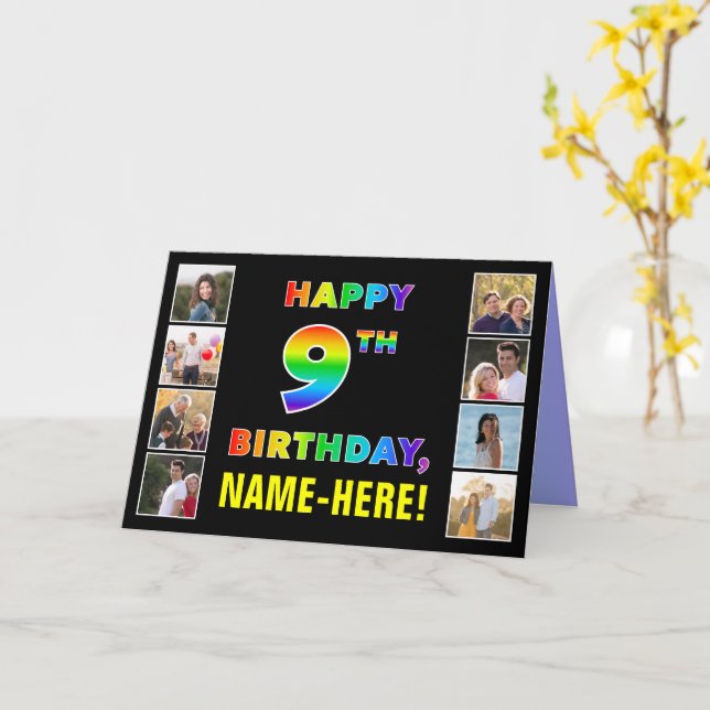 9. Geburtstag: Regenbogentext, benutzerdefinierte  Karte (Gelbe Blume)