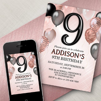 9. Geburtstag Rose Gold Ballons Einladung