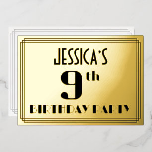 9. Geburtstagsfeier: Art Deco-Look „9“ und Name Folieneinladung