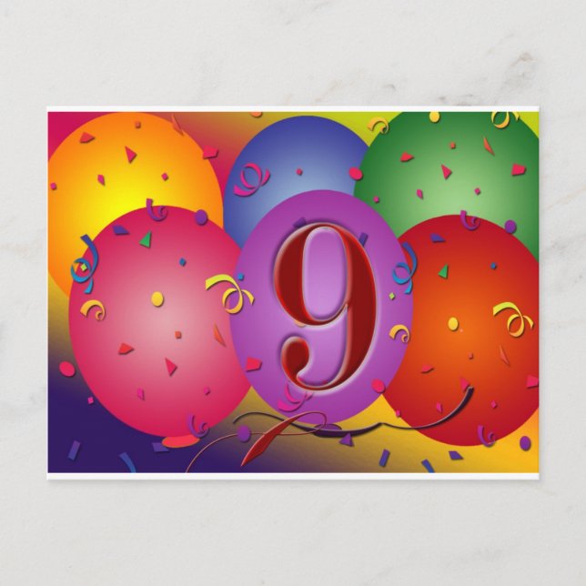 9. Geburtstagsparty Bunte Ballons Postkarte (Vorderseite)