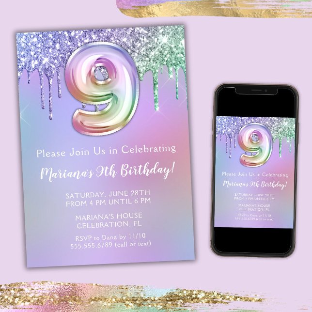 9. Geburtstagsparty Einladung Lila Pink Glitzer (Von Creator hochgeladen)