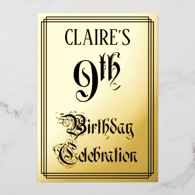 9. Geburtstagsparty — Elegantes Script + Individue Folieneinladung (Vorderseite)