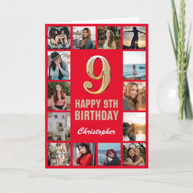 9. Happy Birthday Rot und Gold Foto Collage Karte (Vorderseite)