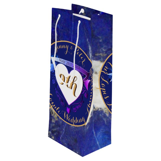 9. Hochzeit Jubiläum Lapis Lazuli Color Geschenktüte Für Weinflaschen (Rückseite Schrägansicht)