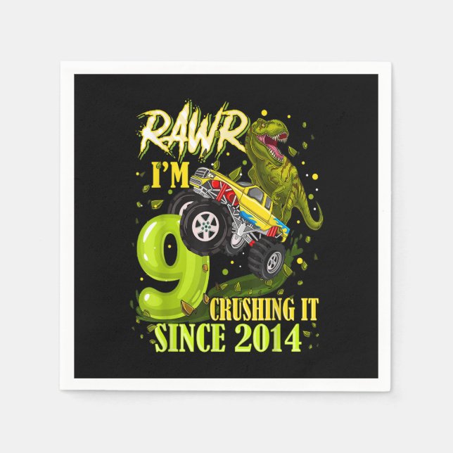 9 Jahre alt Dinosaurier Trex Monster Truck 9. Gebu Serviette (Vorderseite)