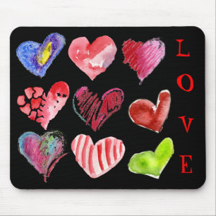 9 Liebe-Herzen auf schwarzem Mousepad