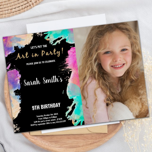 9. Lila Foto Paint Birthday Einladungen (9th Black Purple Photo Paint Birthday Invitations)