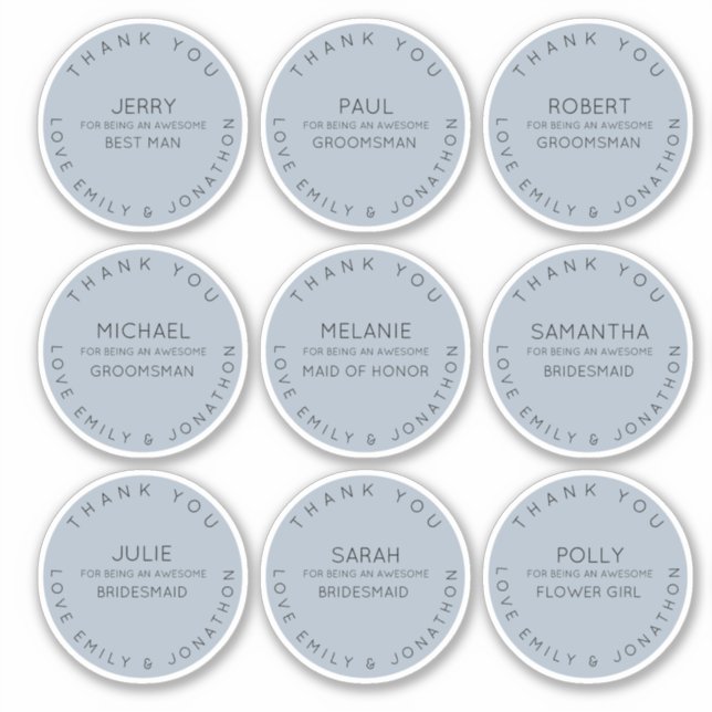 9 Name des Einzelnen Vielen Dank Brautparty Blue Aufkleber (Vorderseite)