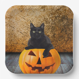9" Papier Teller, Halloween Black Cat On Pumpkin Pappteller