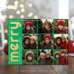9 Photo Offset - Bold Merry - Black and Gold - Folien Feiertagspostkarte<br><div class="desc">FRONT DESIGN: A collage of 9 photos in a simple grid to highlight many pic from the past year. The photo grid is off center with a thin border surrounding the entire card. A modern look for a holiday photo card with gold colored accents and "merry" in a large, standard...</div>