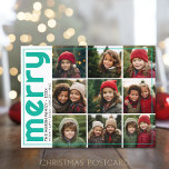 9 Photo Offset - Bold Merry - Christmas Teal - Feiertagspostkarte<br><div class="desc">FRONT DESIGN: A collage of 9 photos in a simple grid to highlight many pic from the past year. The photo grid is off center with a thin border surrounding the entire card. A modern look for a holiday photo card with bright teal aqua colored accents and "merry" in a...</div>