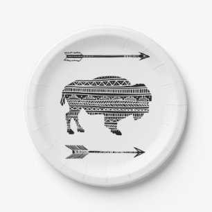 9" Round Paper Plate Boho Buffalo Tribal Muster B Pappteller