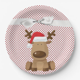 9" Round Paper Plate Rentier Christmas XMAS Polka Pappteller