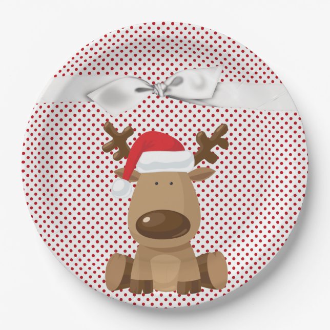 9" Round Paper Plate Rentier Christmas XMAS Polka Pappteller (Vorderseite)