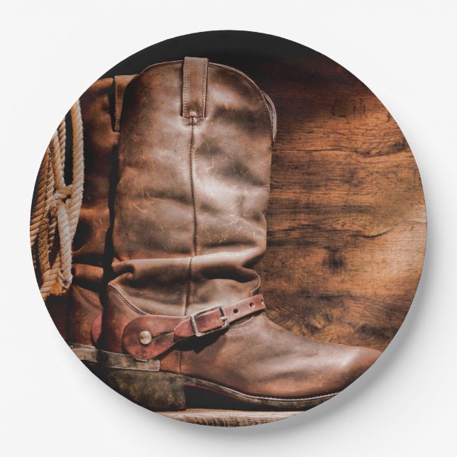 9" Rundpapierplatte Cowboy Boots Barnholz Rustikal Pappteller (Vorderseite)